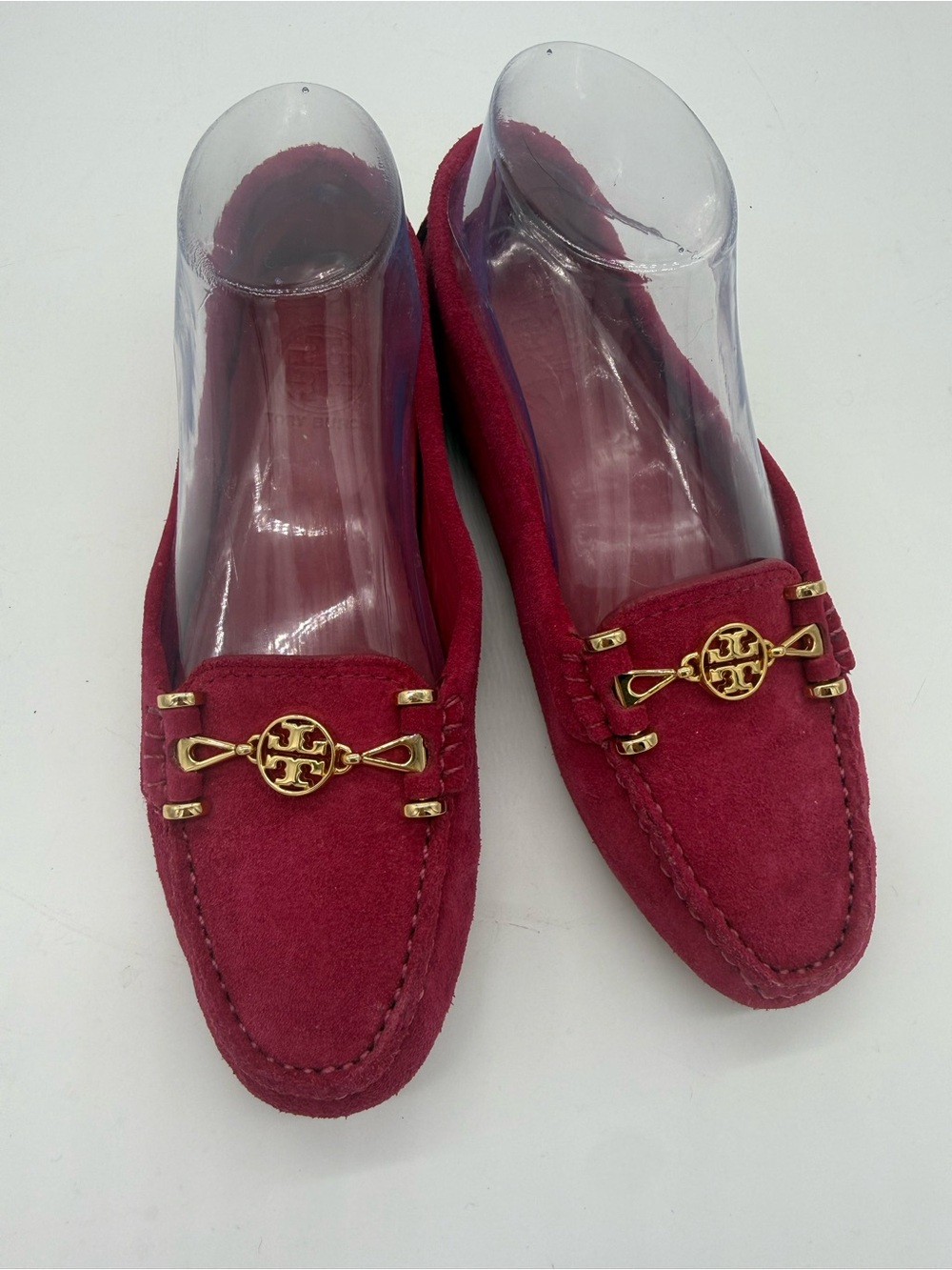 Tory Burch Women’s Burgundy Suede Loafers Driver with Gold Logo Accent